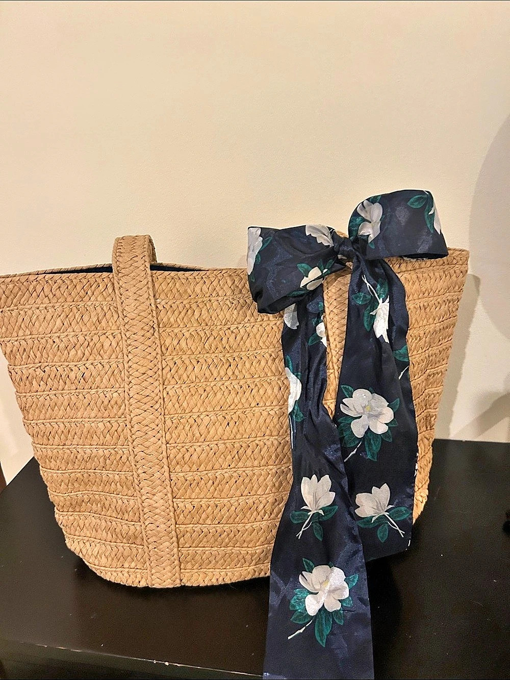 Draper James Straw Bag w/ Floral Scarf Woven Navy Floral Scarf Tote in Tan, NWOT